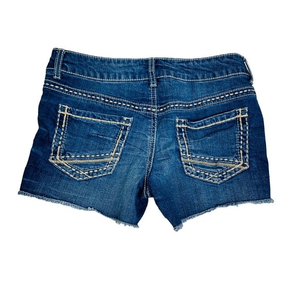 Maurices Embroidered Jean Shorts Juniors Sz XS Blue Denim Destroyed Cutoff Stret - Picture 2 of 11